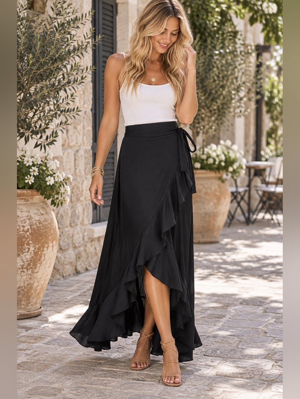 Naked Zebra Black Ruffle Wrap Maxi Skirt Size L Boho High Low Tie Waist